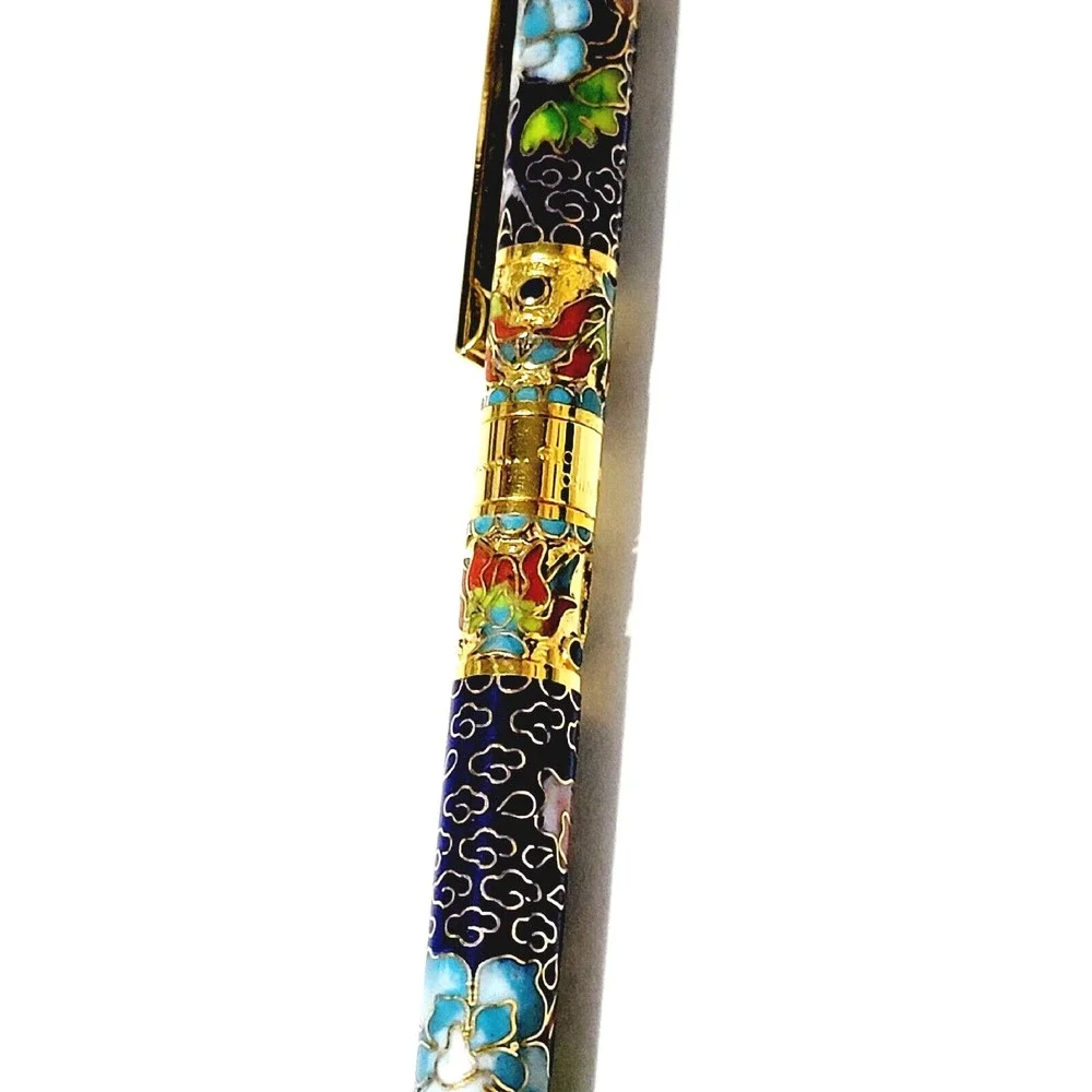 Vintage Blue Ink Pen Floral Cloisonne Retractable Gold Trim Gift Box